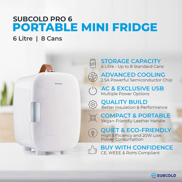 Subcold Pro 6 litre white chequered mini fridge features infographic